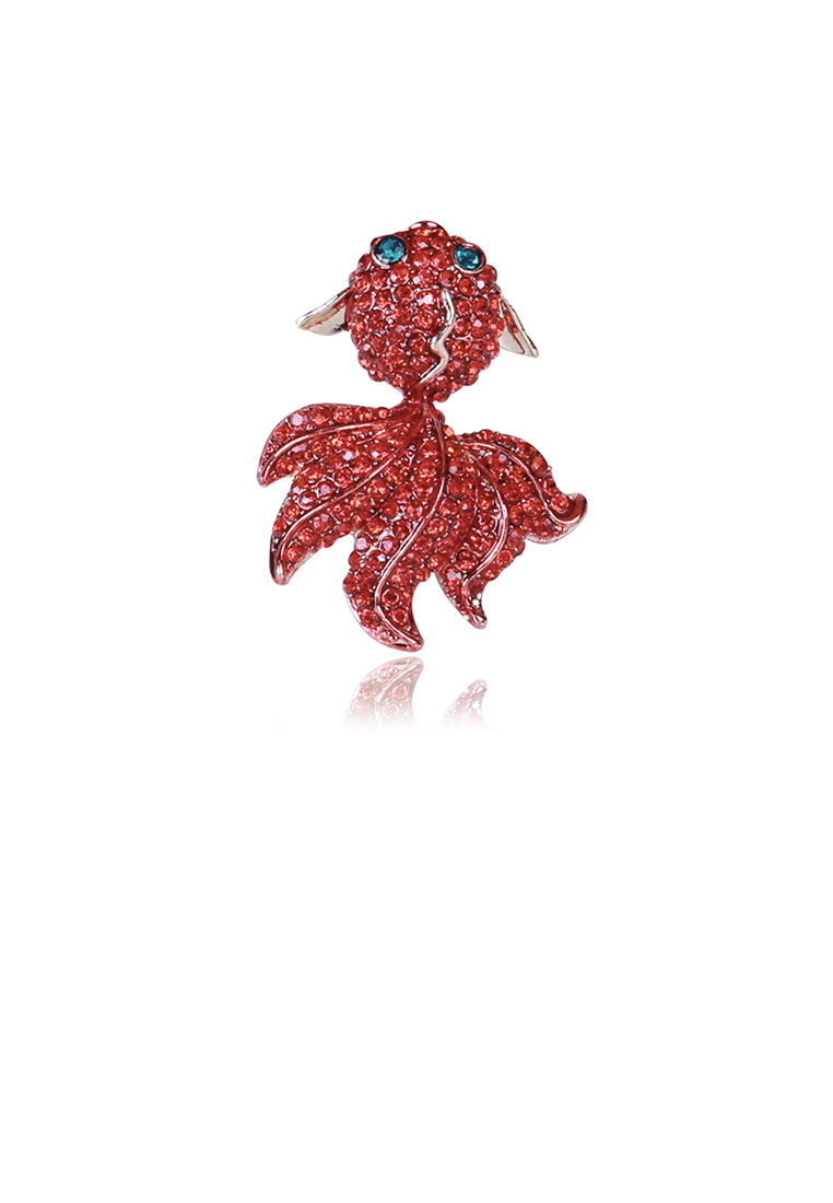 Fashion Bright Plated Gold Goldfish Brooch with Red Cubic Zirconia - Luxurious Look - Vibrant Color