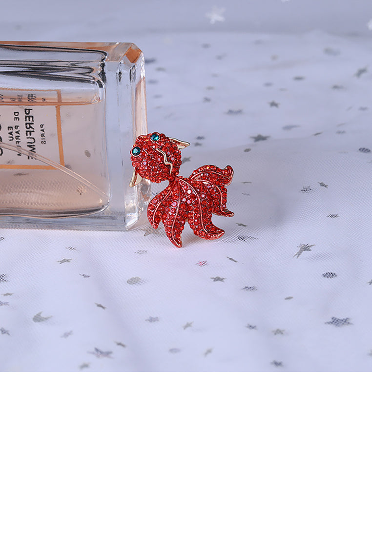 Fashion Bright Plated Gold Goldfish Brooch with Red Cubic Zirconia - Luxurious Look - Vibrant Color