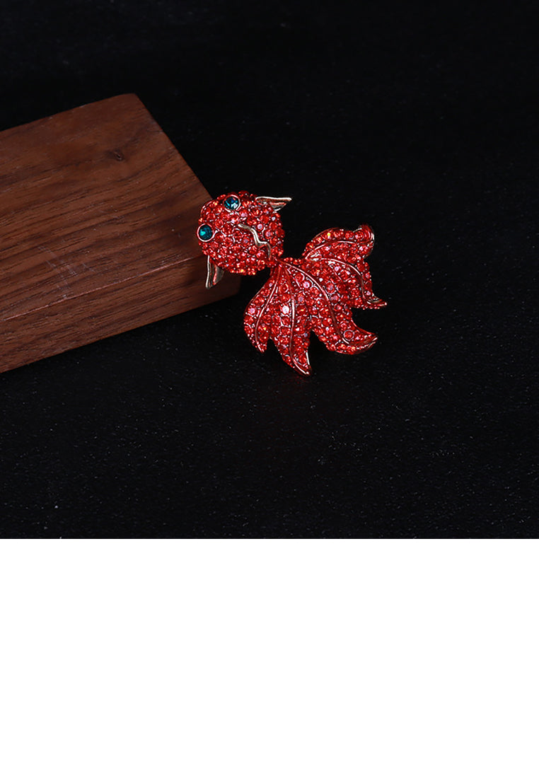 Fashion Bright Plated Gold Goldfish Brooch with Red Cubic Zirconia - Luxurious Look - Vibrant Color