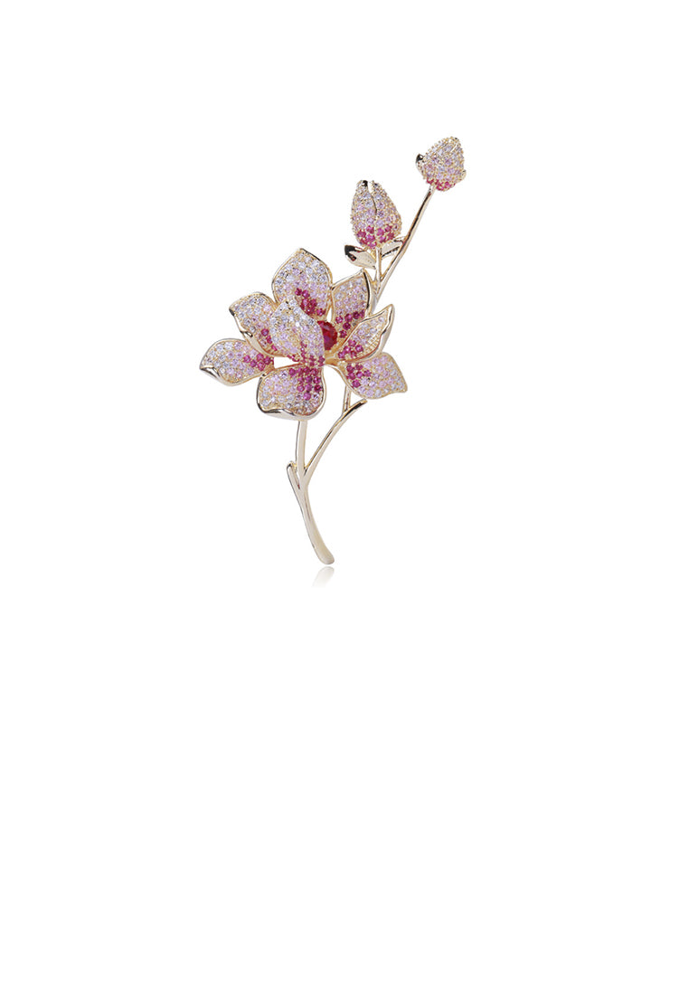 Fashion and Elegant Plated Gold Floral Brooch with Purple Cubic Zirconia - Luxurious Look