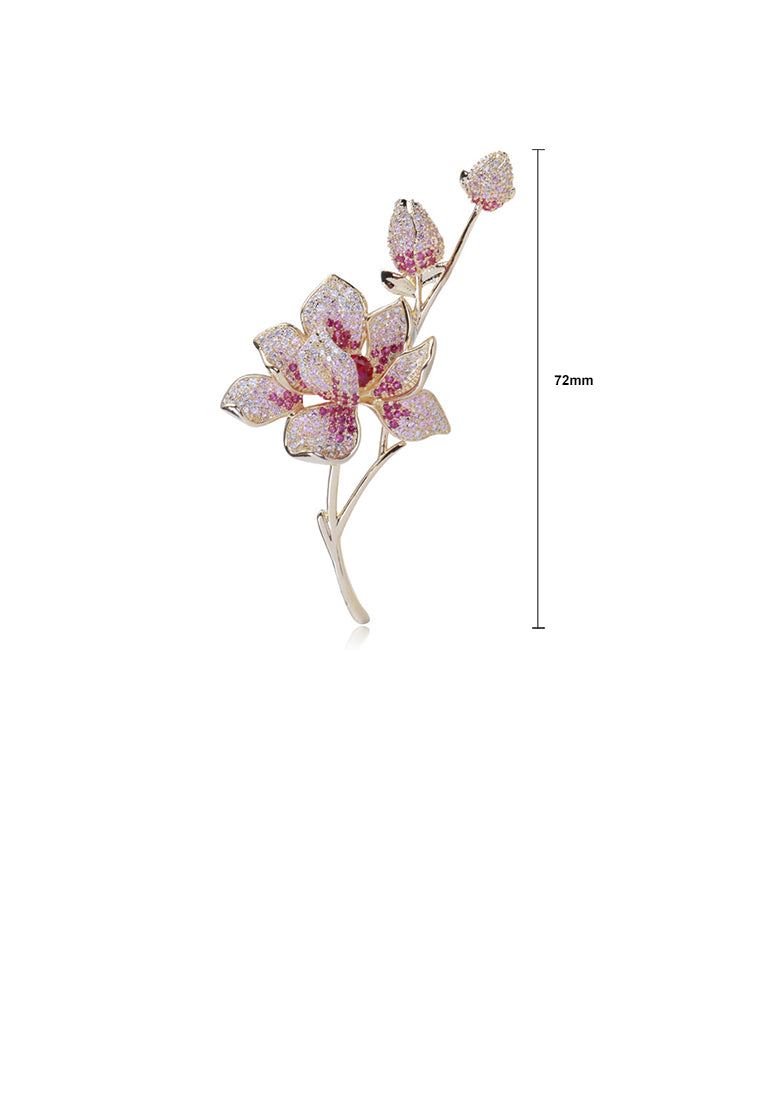 Fashion and Elegant Plated Gold Floral Brooch with Purple Cubic Zirconia - Luxurious Look