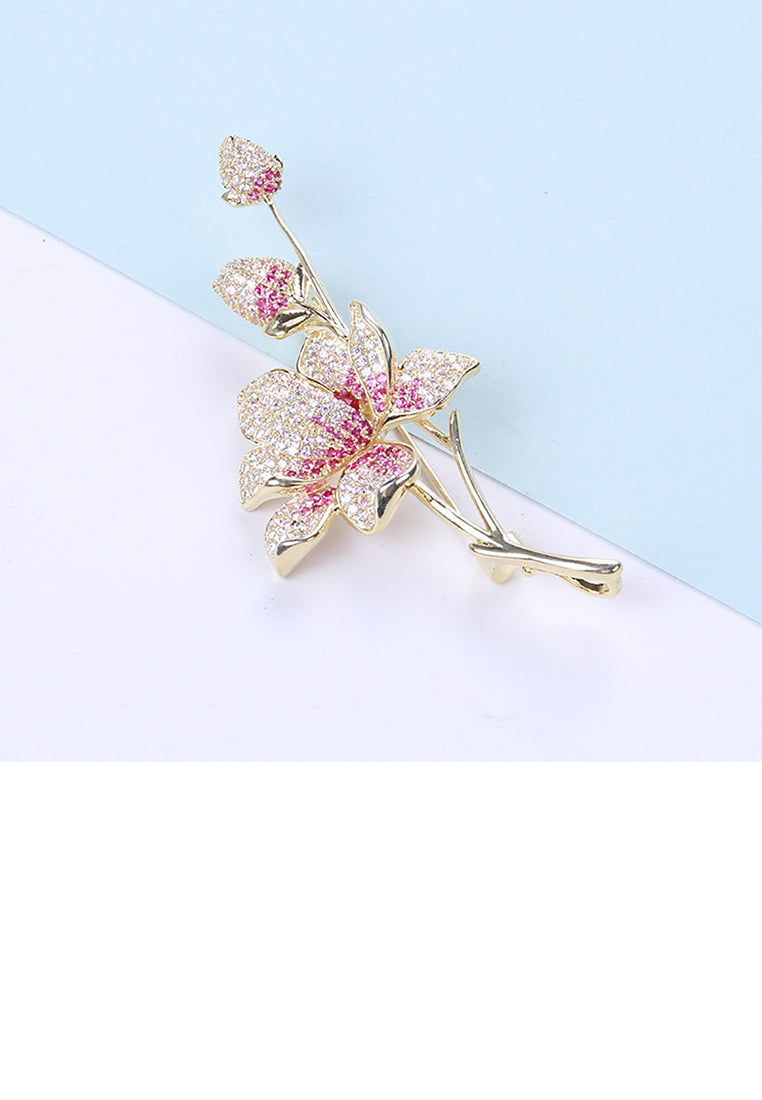 Fashion and Elegant Plated Gold Floral Brooch with Purple Cubic Zirconia - Luxurious Look