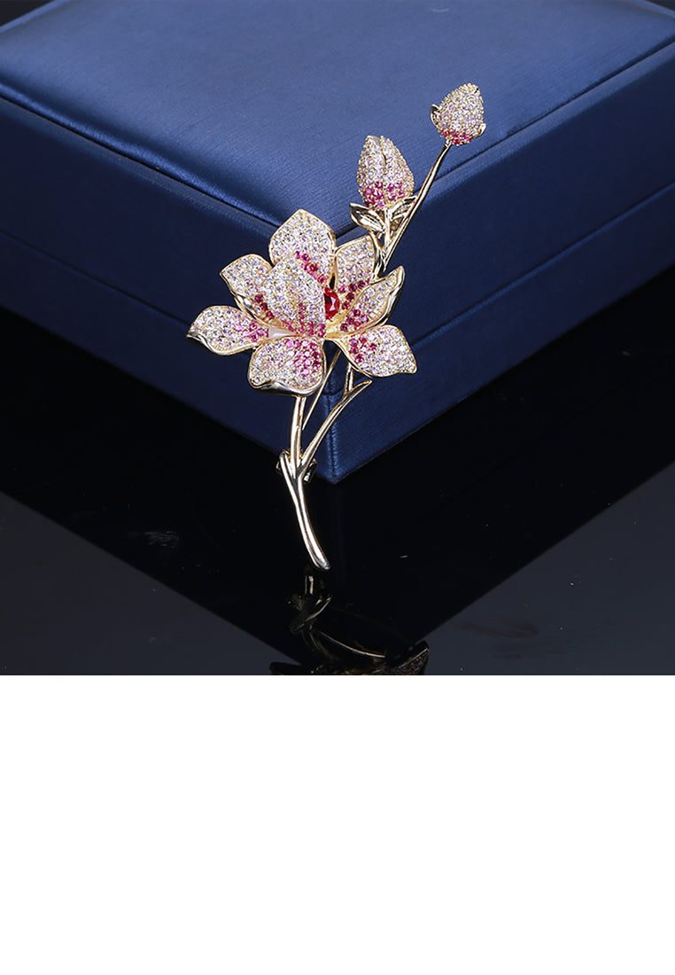 Fashion and Elegant Plated Gold Floral Brooch with Purple Cubic Zirconia - Luxurious Look