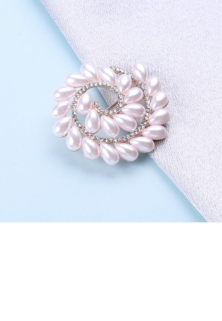 Fashion and Elegant Plated Gold Geometric Rotating Round Imitation Pearl Brooch with Cubic Zirconia - Luxurious Look