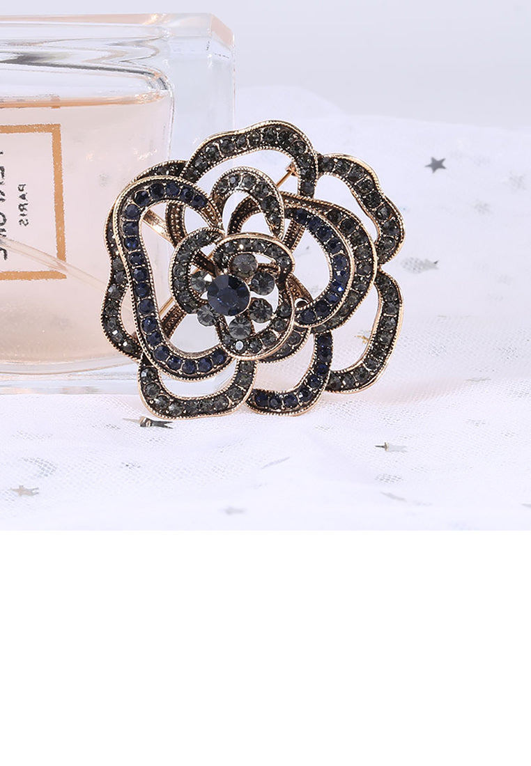 Fashion Simple Plated Gold Hollow Rose Brooch with Black Cubic Zirconia - Luxurious Look