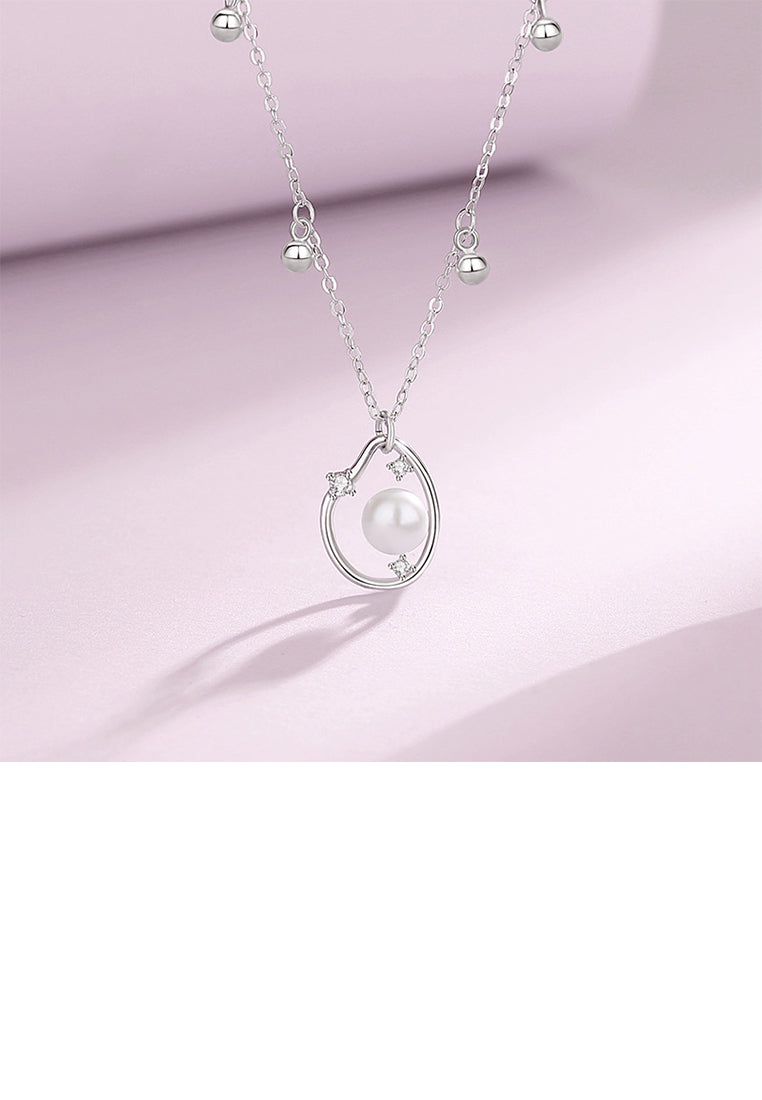 925 Sterling Silver Fashion and Elegant Water Drop-shaped Imitation Pearl Pendant with Cubic Zirconia and Necklace - Luxurious Look