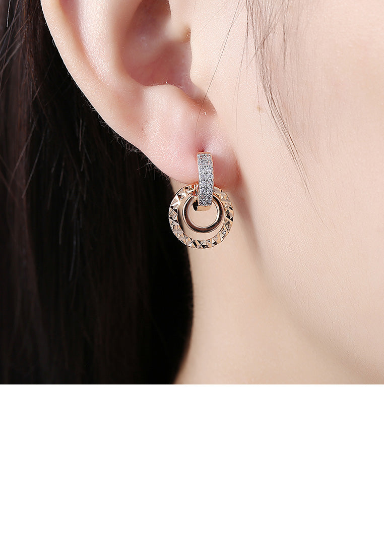 Fashion Romantic Plated Champagne Gold Geometric Round Earrings with Cubic Zircon