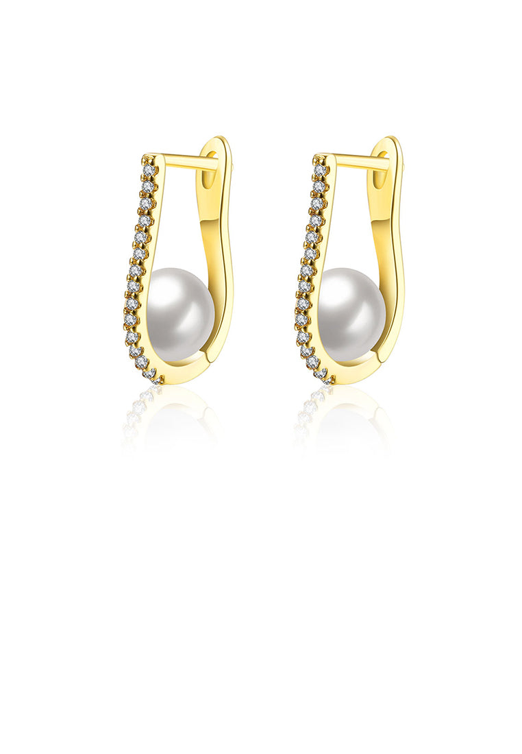 Elegant and Fashion Plated Gold Pearl Earrings with Cubic Zircon - Luxurious Look