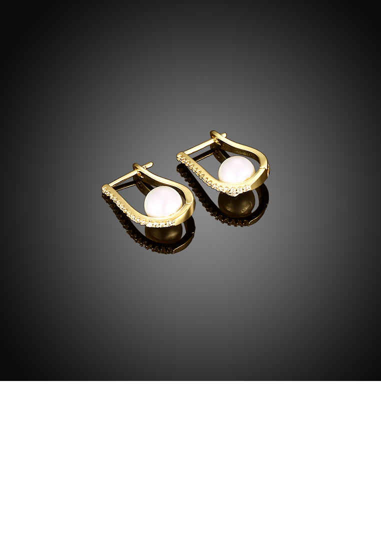 Elegant and Fashion Plated Gold Pearl Earrings with Cubic Zircon - Luxurious Look