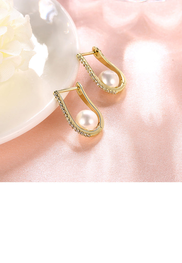 Elegant and Fashion Plated Gold Pearl Earrings with Cubic Zircon - Luxurious Look