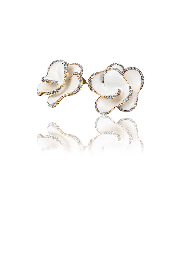 Fashion and Elegant Plated Gold White Flower Stud Earrings with Cubic Zircon