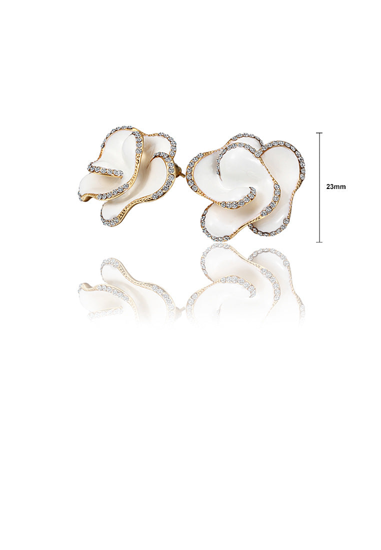 Fashion and Elegant Plated Gold White Flower Stud Earrings with Cubic Zircon