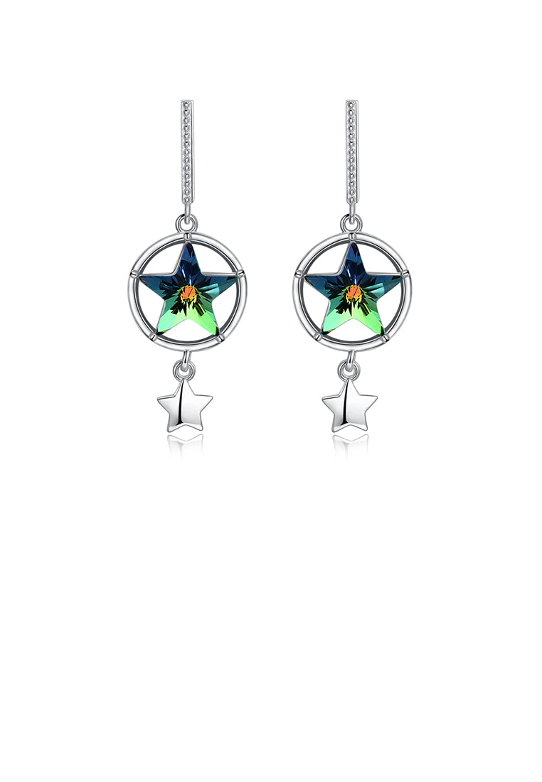 925 Sterling Silver Sparkling Star Earrings with Green Austrian Element Crystal