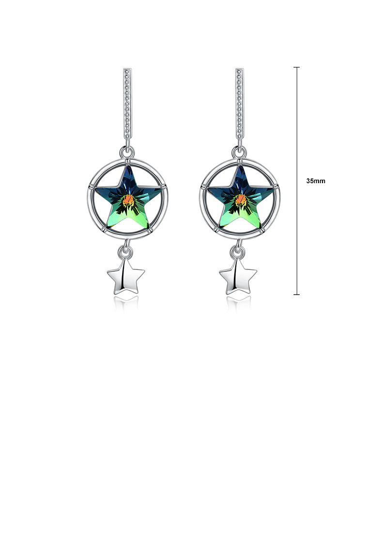 925 Sterling Silver Sparkling Star Earrings with Green Austrian Element Crystal