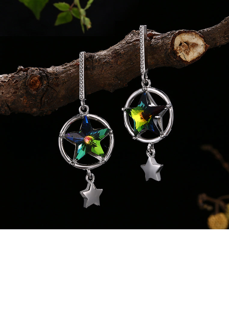 925 Sterling Silver Sparkling Star Earrings with Green Austrian Element Crystal