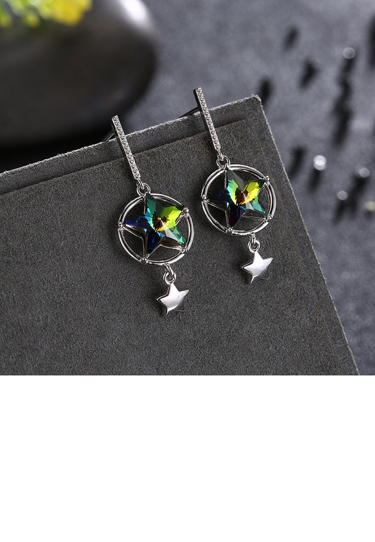 925 Sterling Silver Sparkling Star Earrings with Green Austrian Element Crystal