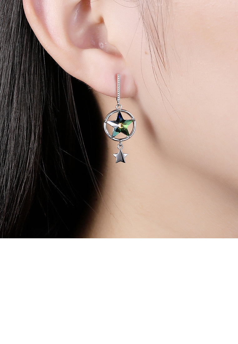 925 Sterling Silver Sparkling Star Earrings with Green Austrian Element Crystal