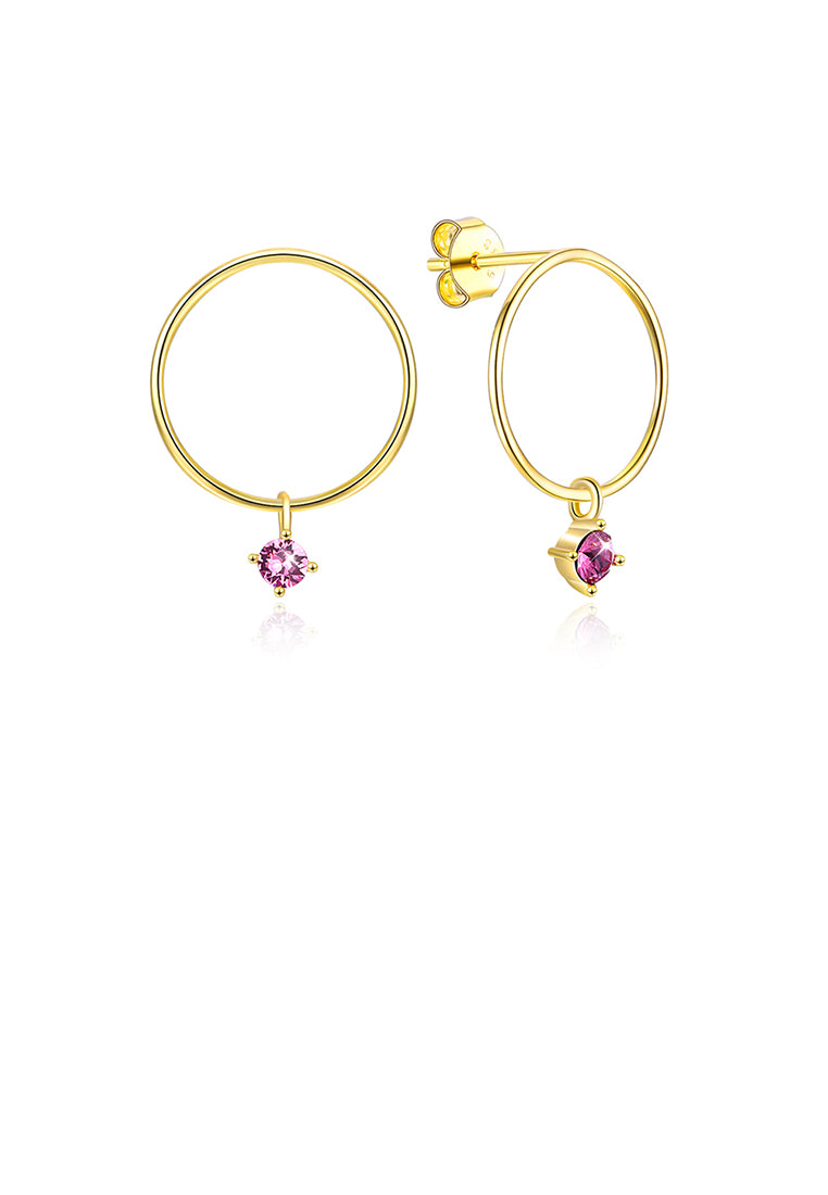 S925 Sterling Gold Plated Silver Simple Circle Earrings and Ear Studs with Purple Austrian Element Crystal