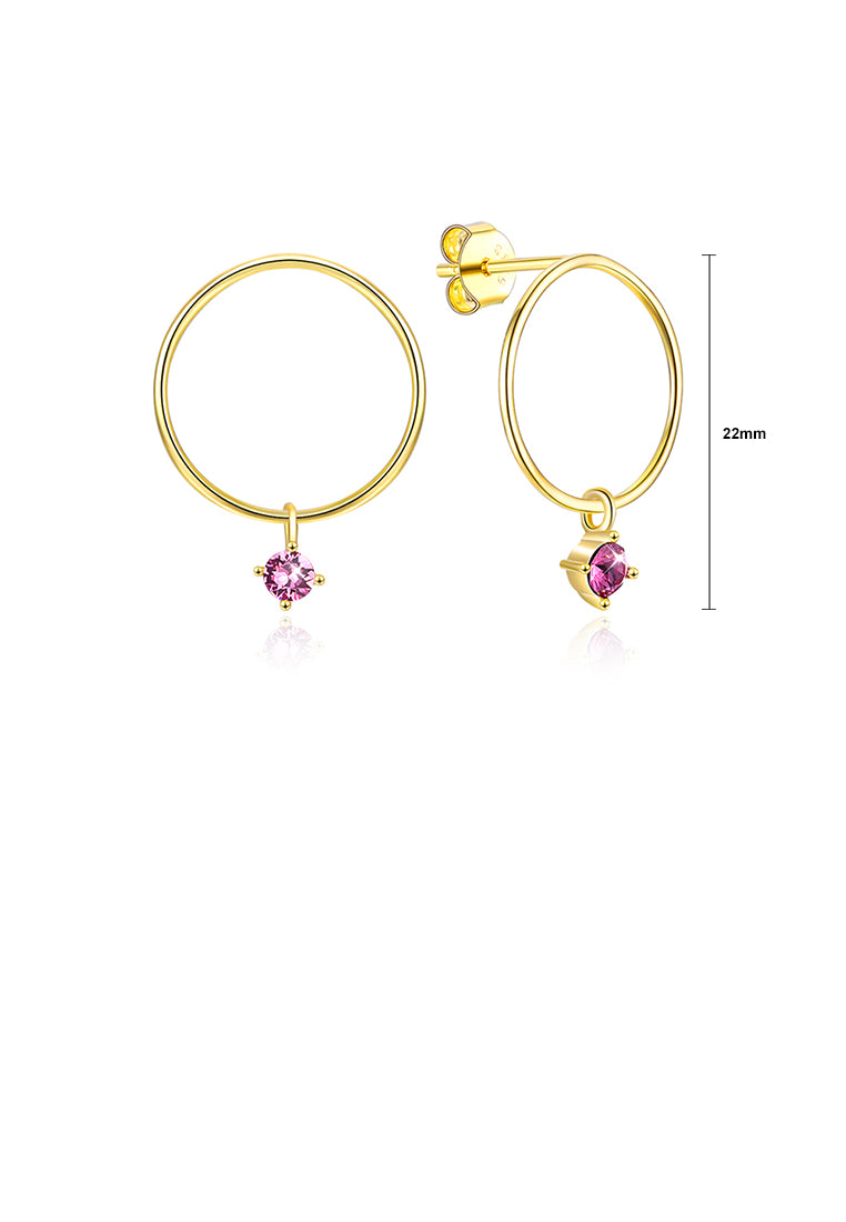S925 Sterling Gold Plated Silver Simple Circle Earrings and Ear Studs with Purple Austrian Element Crystal