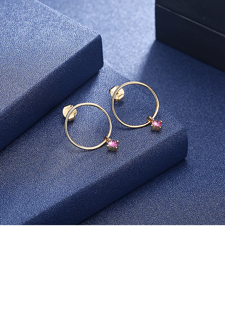 S925 Sterling Gold Plated Silver Simple Circle Earrings and Ear Studs with Purple Austrian Element Crystal