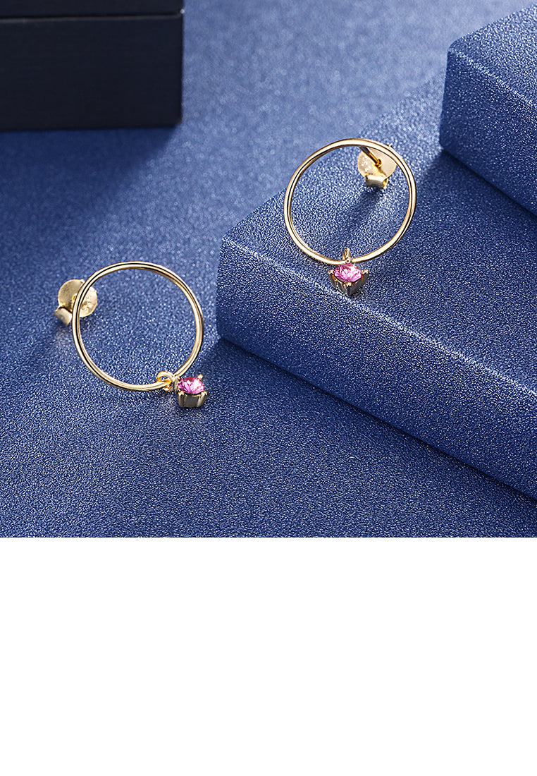 S925 Sterling Gold Plated Silver Simple Circle Earrings and Ear Studs with Purple Austrian Element Crystal