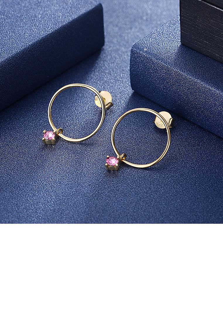 S925 Sterling Gold Plated Silver Simple Circle Earrings and Ear Studs with Purple Austrian Element Crystal