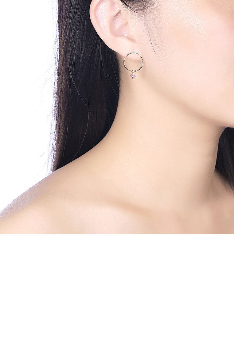 S925 Sterling Gold Plated Silver Simple Circle Earrings and Ear Studs with Purple Austrian Element Crystal