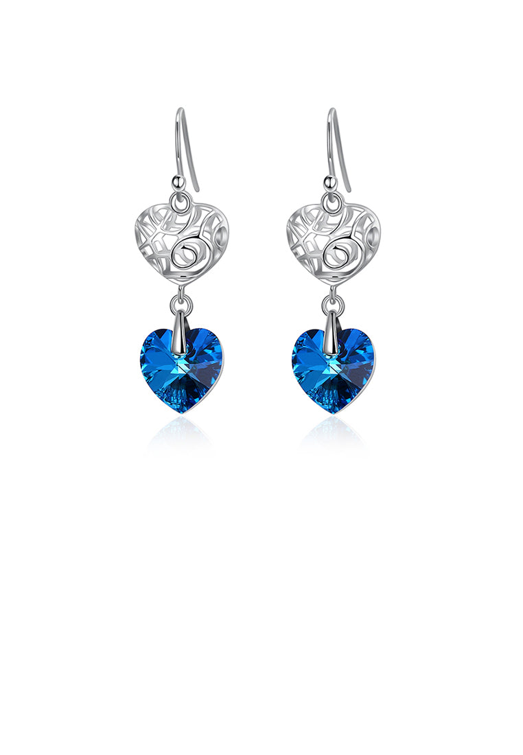 925 Sterling Silver Elegant Vintage Heart Openwork Earrings with Blue Austrian Element Crystal