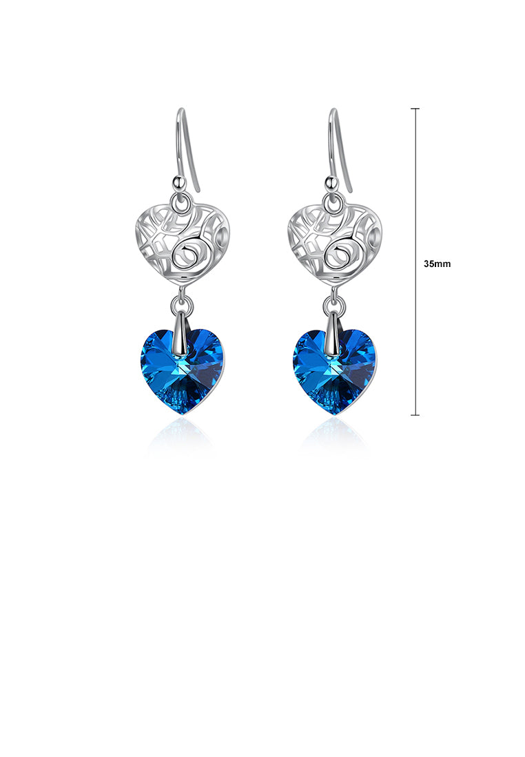 925 Sterling Silver Elegant Vintage Heart Openwork Earrings with Blue Austrian Element Crystal