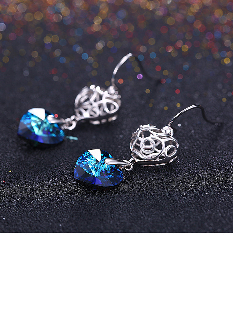 925 Sterling Silver Elegant Vintage Heart Openwork Earrings with Blue Austrian Element Crystal