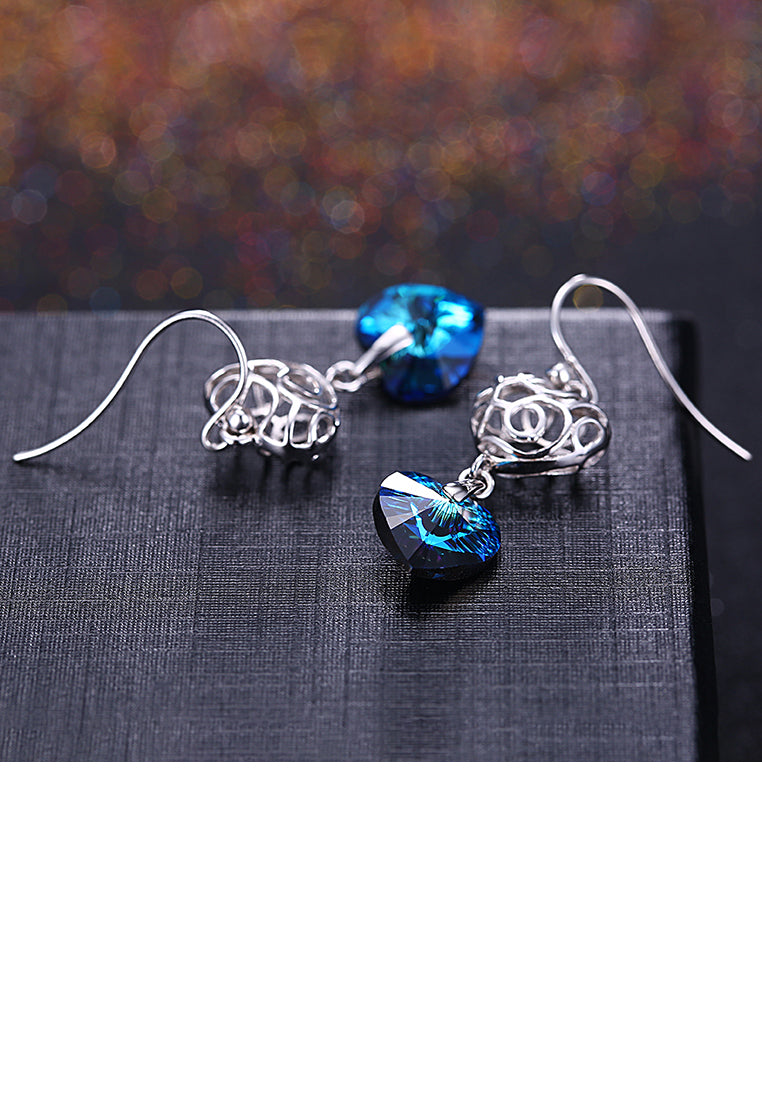 925 Sterling Silver Elegant Vintage Heart Openwork Earrings with Blue Austrian Element Crystal