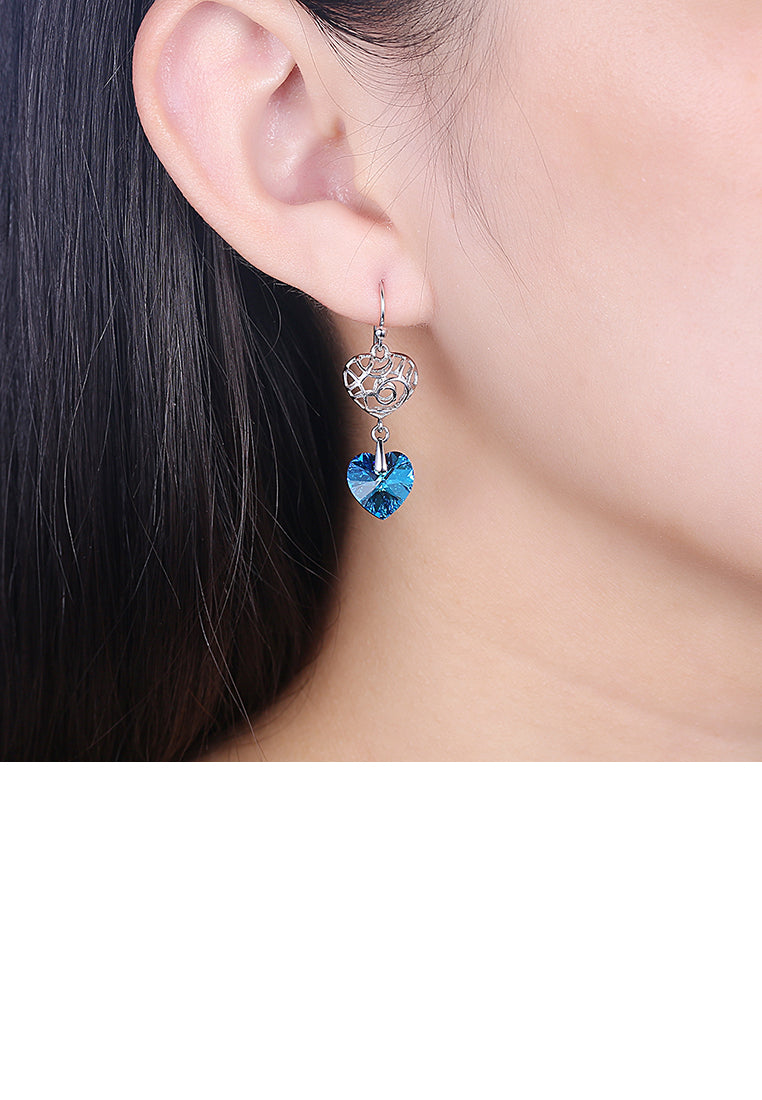 925 Sterling Silver Elegant Vintage Heart Openwork Earrings with Blue Austrian Element Crystal