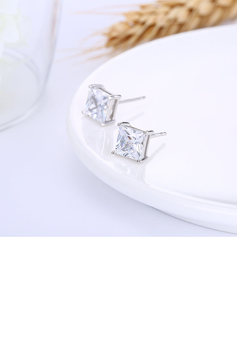 925 Sterling Silver Sparkling Simple Elegant Fashion Luxury Princess Cut Sqaure Studs and Earrings with Cubic Zircon
