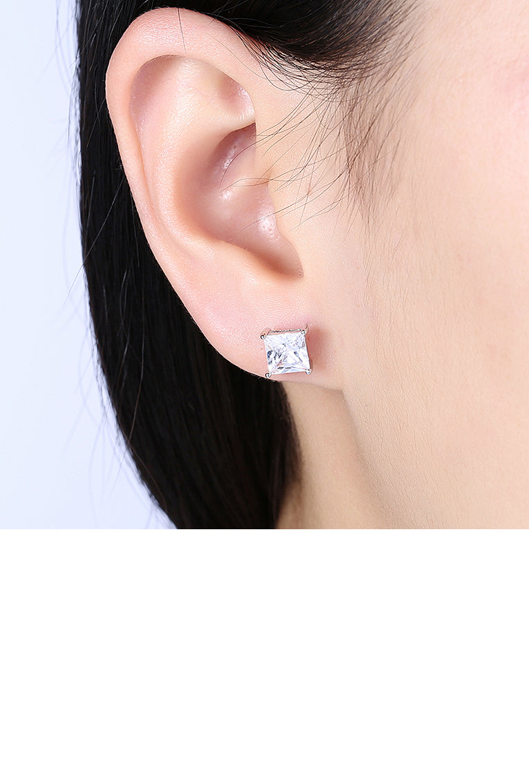 925 Sterling Silver Sparkling Simple Elegant Fashion Luxury Princess Cut Sqaure Studs and Earrings with Cubic Zircon