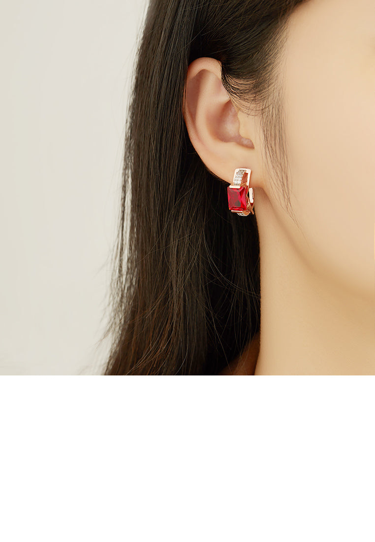 Fashion Temperament Plated Rose Gold Geometric Rectangular Earrings with Red Cubic Zirconia - Luxurious Look - Vibrant Color