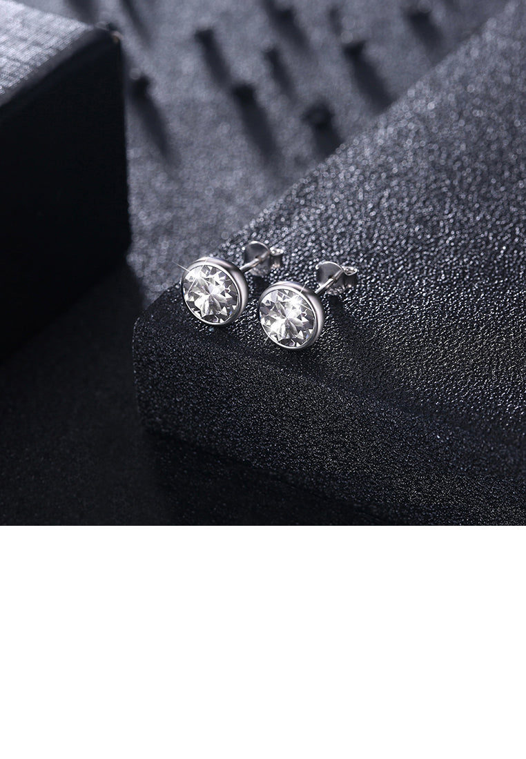 925 Sterling Silver Simple Round Stud Earrings with White Austrian Element Crystal