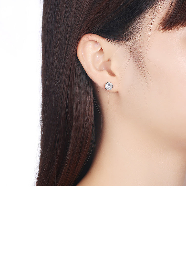 925 Sterling Silver Simple Round Stud Earrings with White Austrian Element Crystal