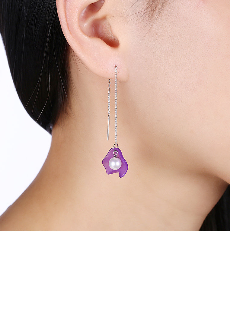 925 Sterling Silver Elegant Fashion Purple Long Shell Pearl Earrings and Ear Wire - Luxurious Look