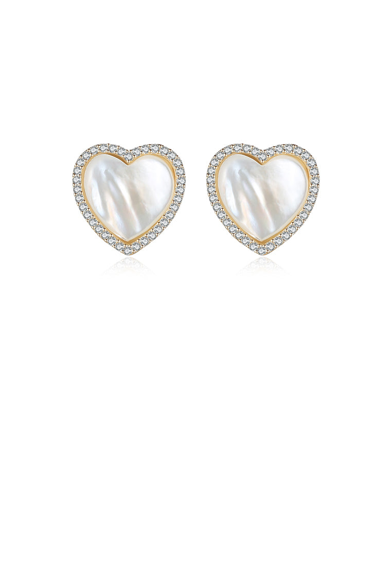 925 Sterling Silver Plated Gold Simple Sweet Heart-shaped Fritillary Earrings with Cubic Zirconia - Luxurious Look