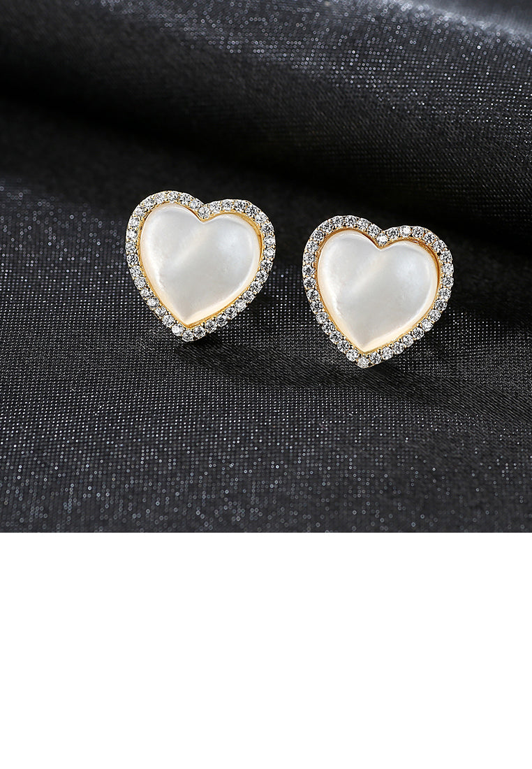 925 Sterling Silver Plated Gold Simple Sweet Heart-shaped Fritillary Earrings with Cubic Zirconia - Luxurious Look