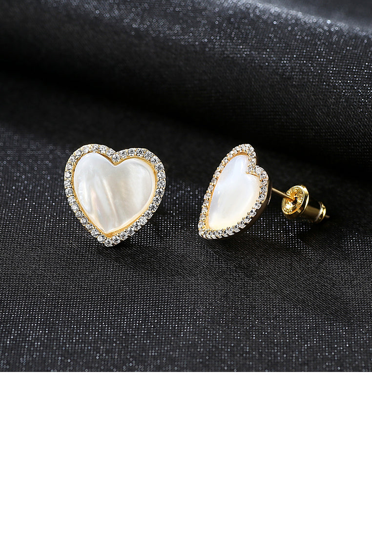 925 Sterling Silver Plated Gold Simple Sweet Heart-shaped Fritillary Earrings with Cubic Zirconia - Luxurious Look