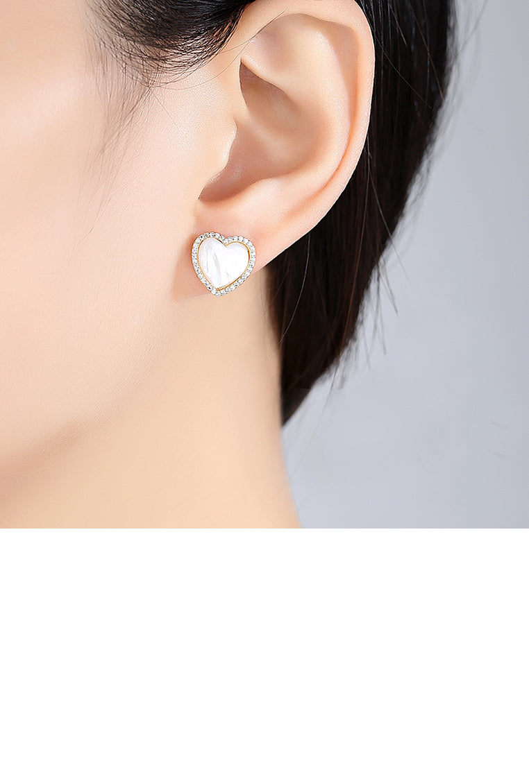925 Sterling Silver Plated Gold Simple Sweet Heart-shaped Fritillary Earrings with Cubic Zirconia - Luxurious Look