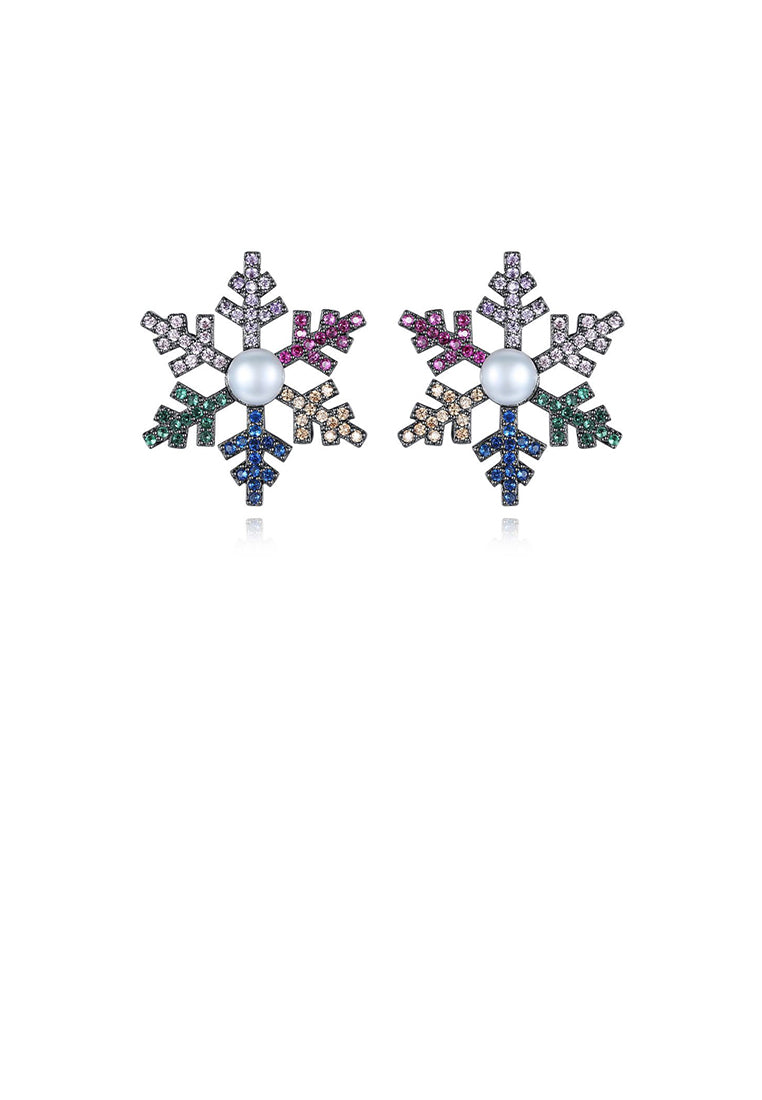 Simple and Fashion Snowflake Imitation Pearl Stud Earrings with Colorful Cubic Zirconia - Luxurious Look