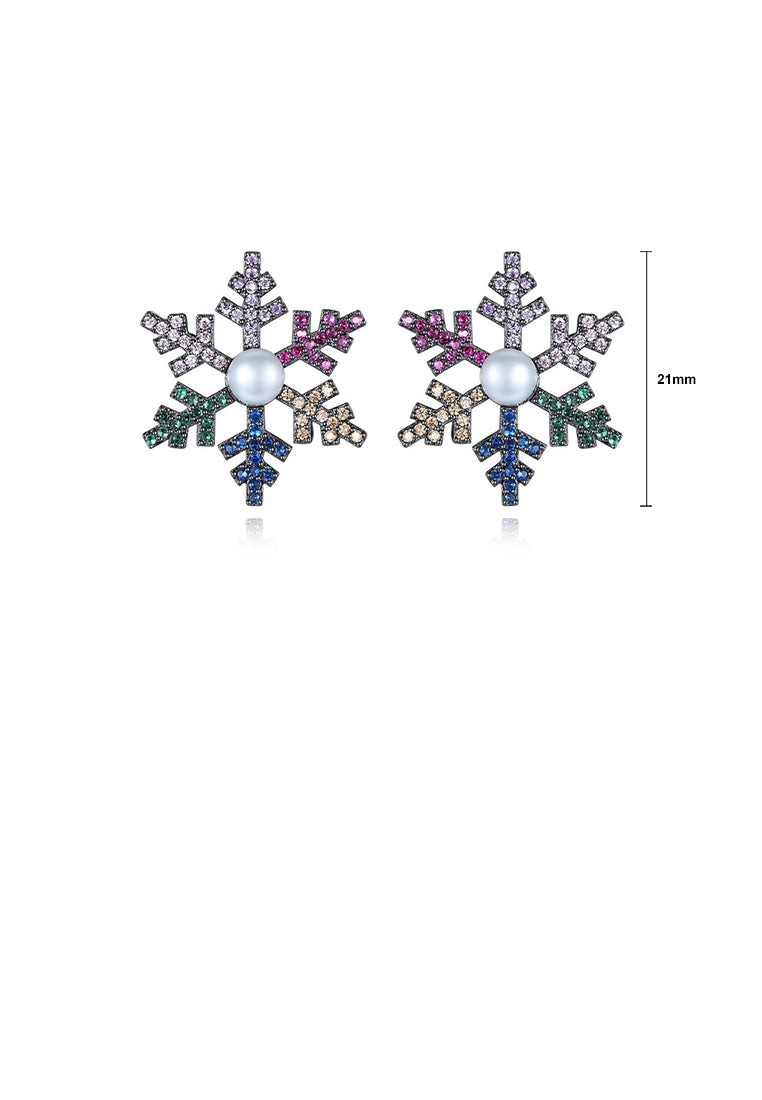 Simple and Fashion Snowflake Imitation Pearl Stud Earrings with Colorful Cubic Zirconia - Luxurious Look