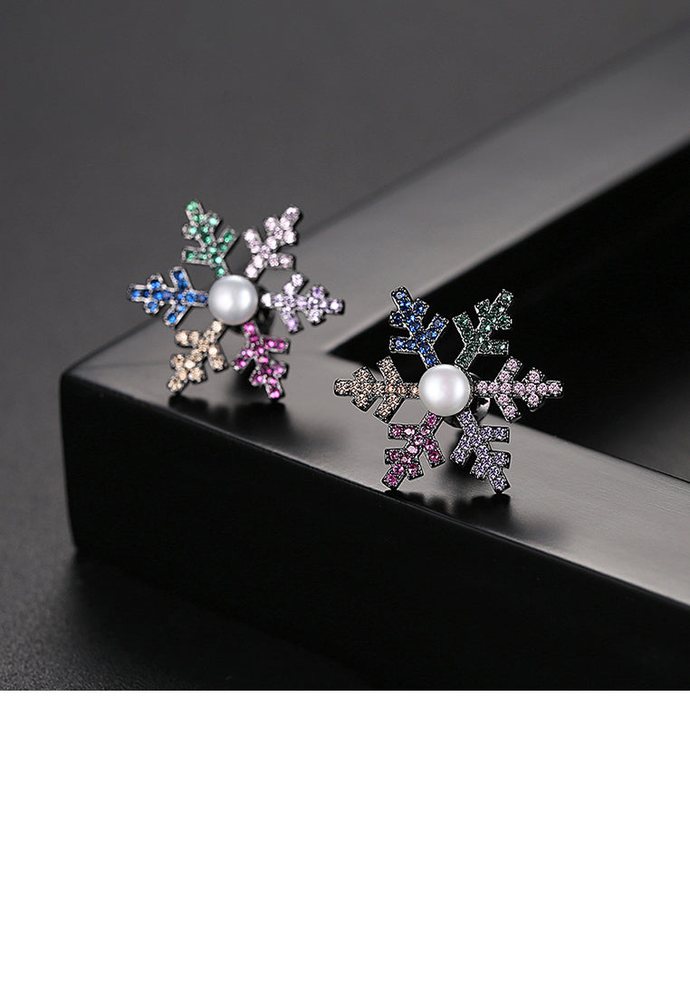 Simple and Fashion Snowflake Imitation Pearl Stud Earrings with Colorful Cubic Zirconia - Luxurious Look