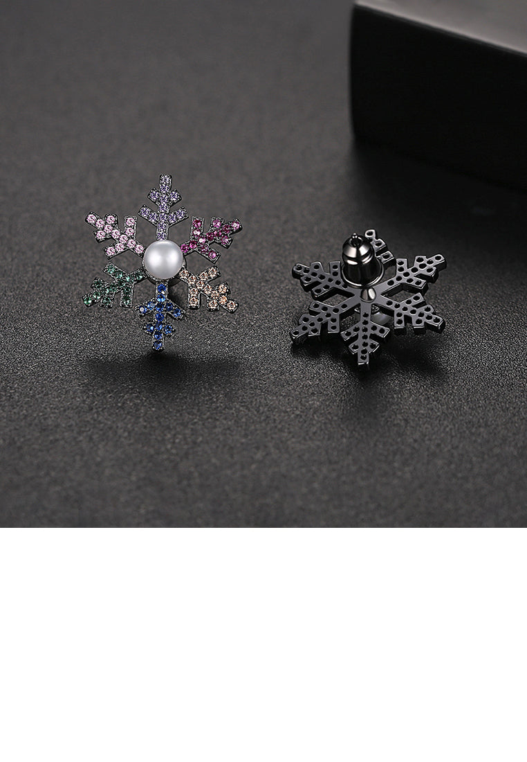 Simple and Fashion Snowflake Imitation Pearl Stud Earrings with Colorful Cubic Zirconia - Luxurious Look