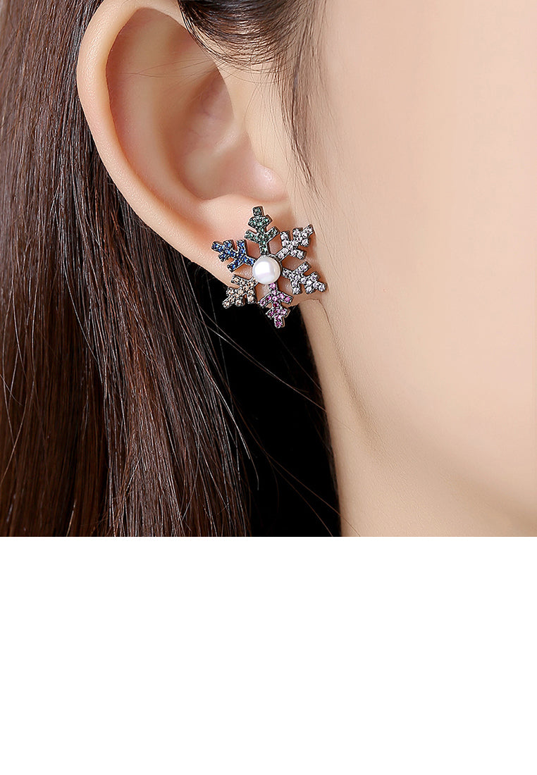 Simple and Fashion Snowflake Imitation Pearl Stud Earrings with Colorful Cubic Zirconia - Luxurious Look