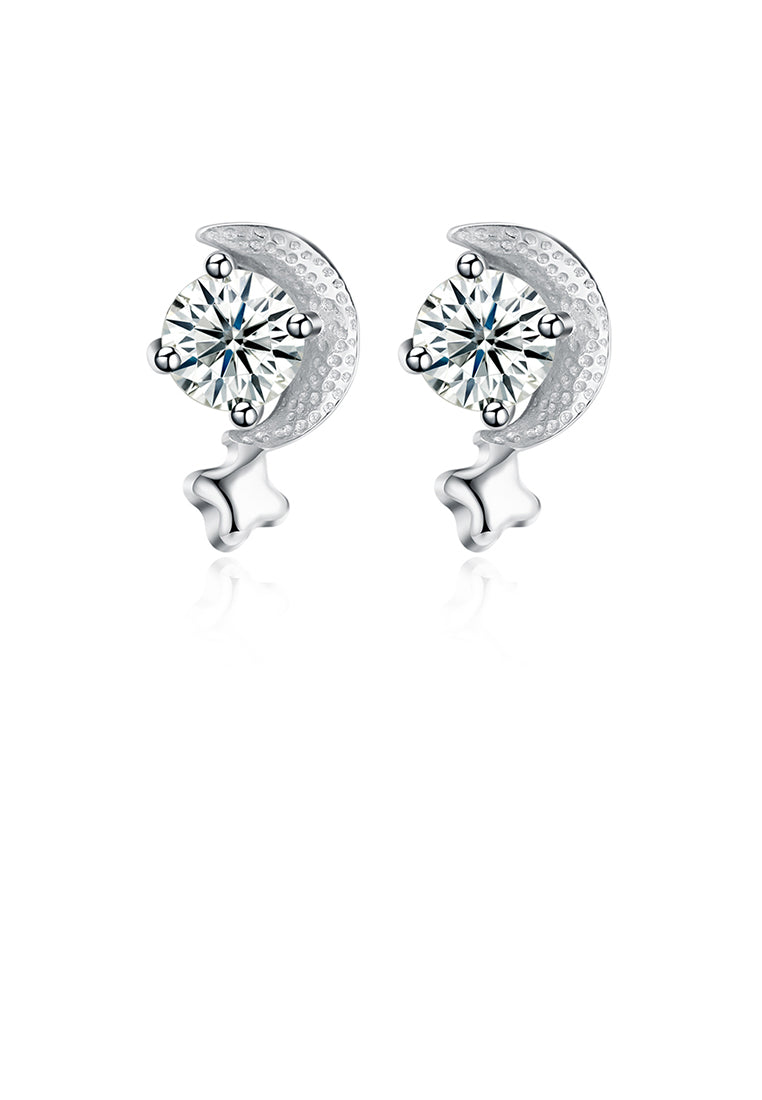 925 Sterling Silver Simple Mini Elegant Exquisite Star and Moon Earrings and Ear Studs with Cubic Zircon