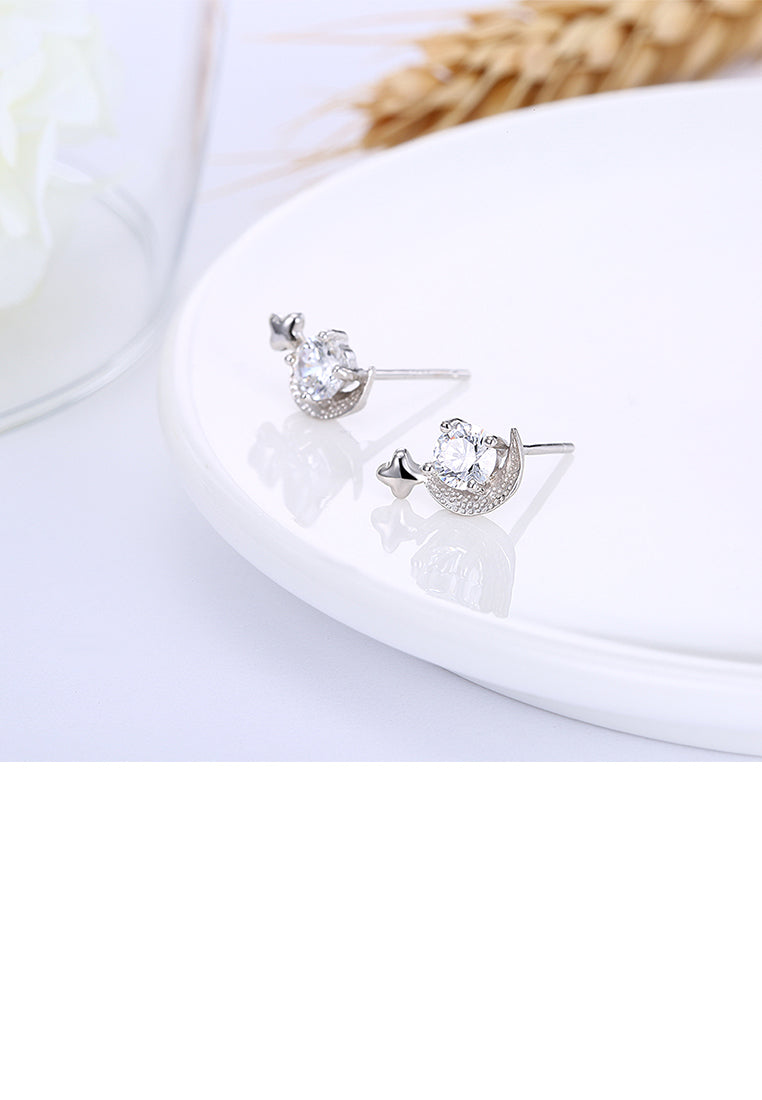 925 Sterling Silver Simple Mini Elegant Exquisite Star and Moon Earrings and Ear Studs with Cubic Zircon