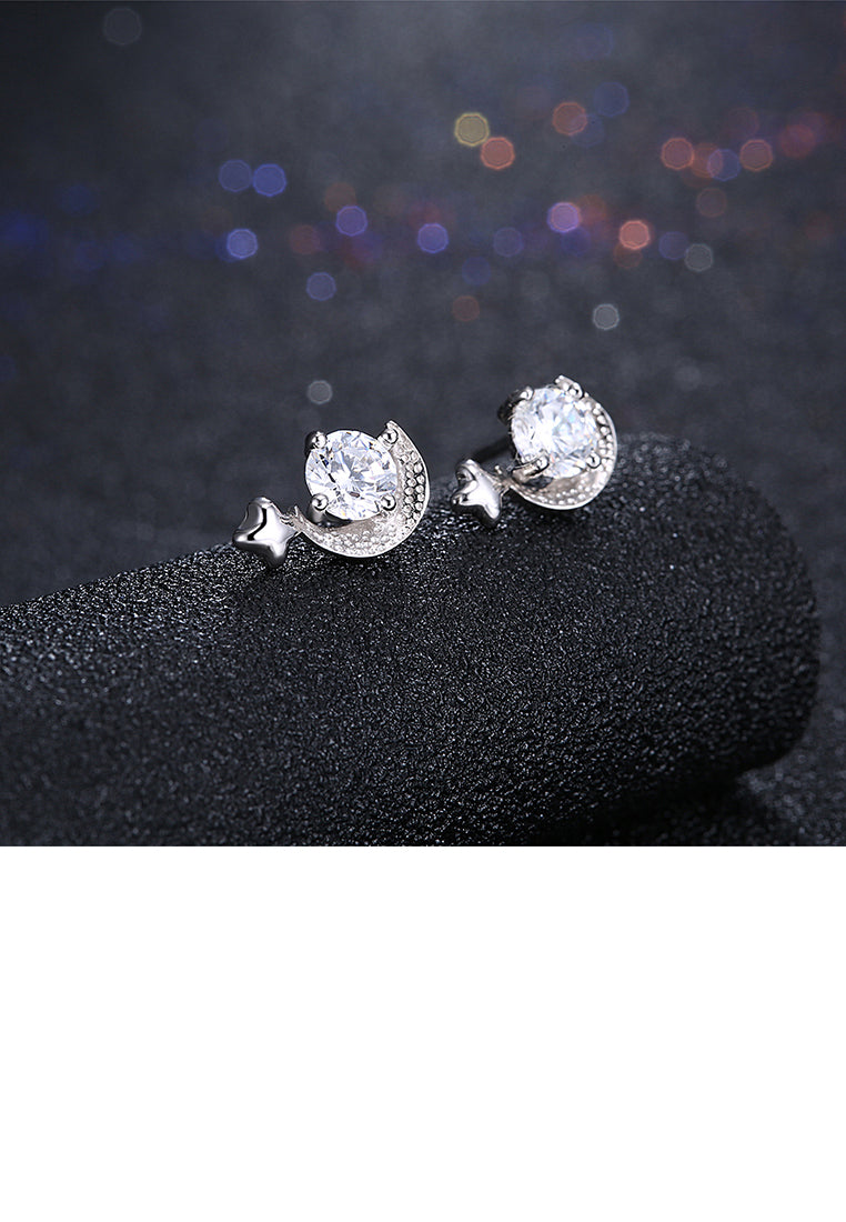 925 Sterling Silver Simple Mini Elegant Exquisite Star and Moon Earrings and Ear Studs with Cubic Zircon